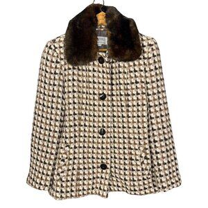 Vintage 90s Boho Wool Blend Coat Brown Cream Houndstooth Jacket Faux Fur Collar